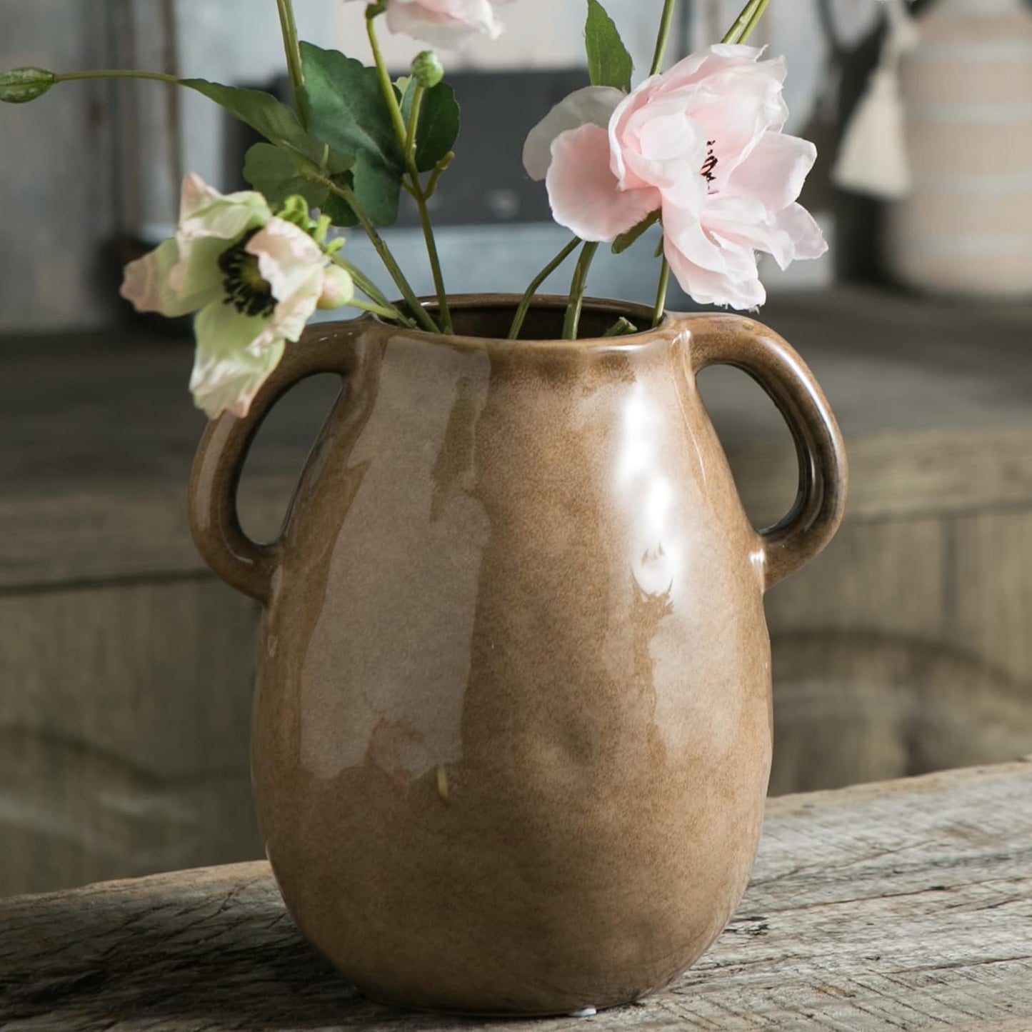 Brown Ceramic Vase with 2 Handles, Modern Farmhouse Decor, Rustic Terracotta Pottery, Decorative Flower Vases, Clay Small Vase, Centerpiece for Dining Table - 7 Inch Tall
