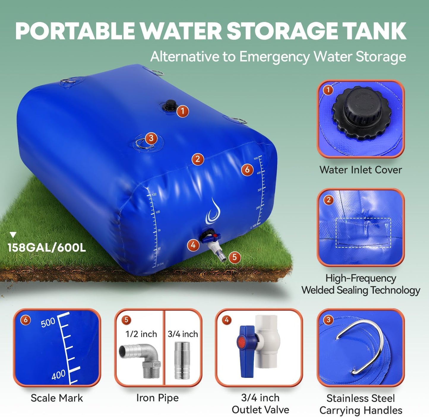 LANUEVA 158 Gal/600L Portable Water Storage Bladder, 1000D PVC Foldable Water Tank with Spigots and Overflow Kit, Water Storage Containers for Emergency Water, RV, Irrigation&Camping (Blue, 600L)