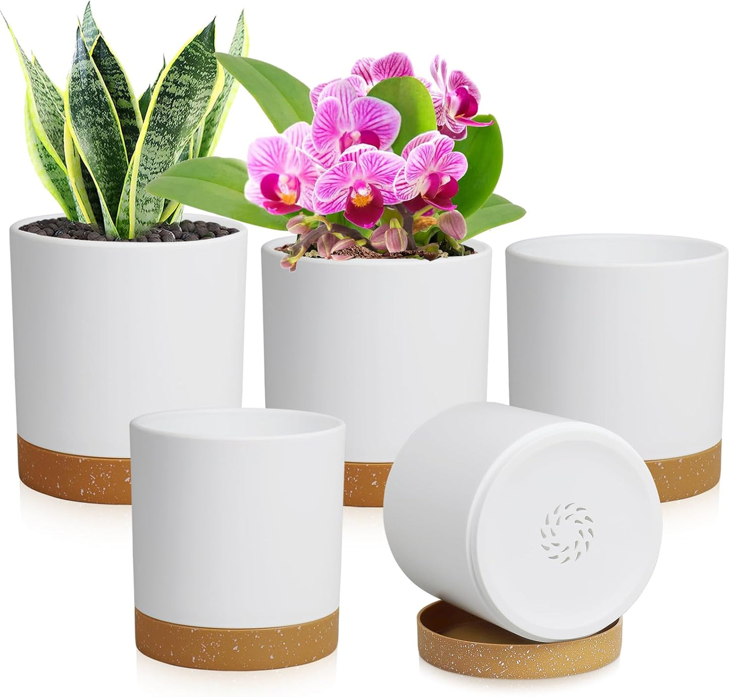 5 Pack Cylindrical Flower Pots with 7/6.5/6/5/4 inch, Modern Small Plastic Plant Pots with Drainage Holes & Saucers, Round Planter Pots for Outdoor, Indoor & Office Decor (White Brown)
