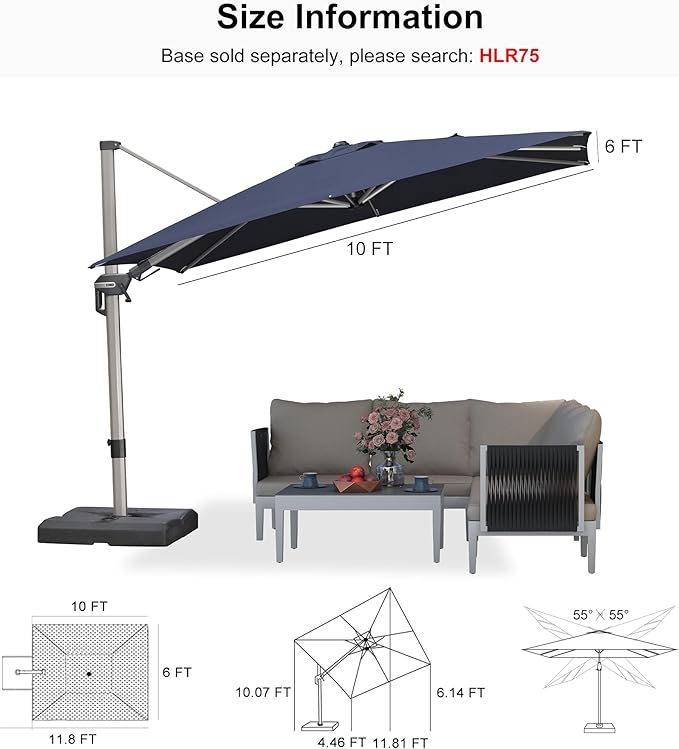 PURPLE LEAF 10' X 6.5' Left-right Tilting Patio Umbrella Outdoor Swivel Cantilever Umbrella Aluminum Offset Umbrella with Champagne Frame and 360-degree Rotation for Garden Deck Pool, Navy Blue