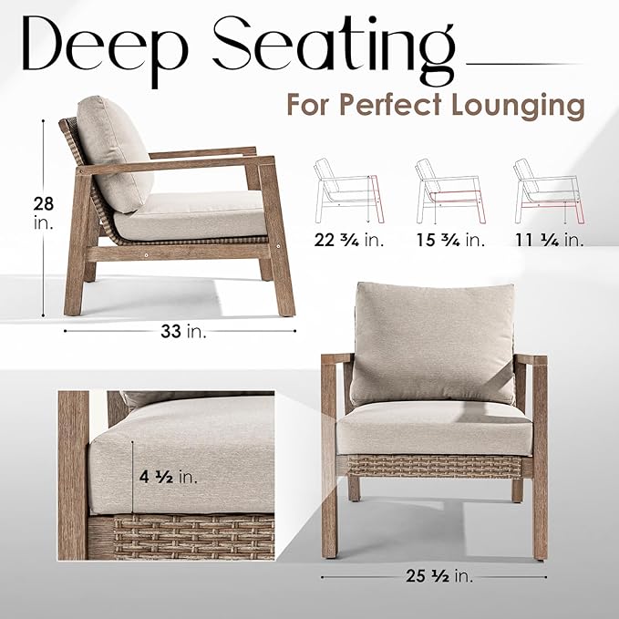 IDZO Olivier Eucalyptus Outdoor Club Chairs Set of 2, 400lbs Heavy Duty Wood Patio Furniture Set, Ergonomic Slanted Backrest Design, 4.5in Thick Cushion