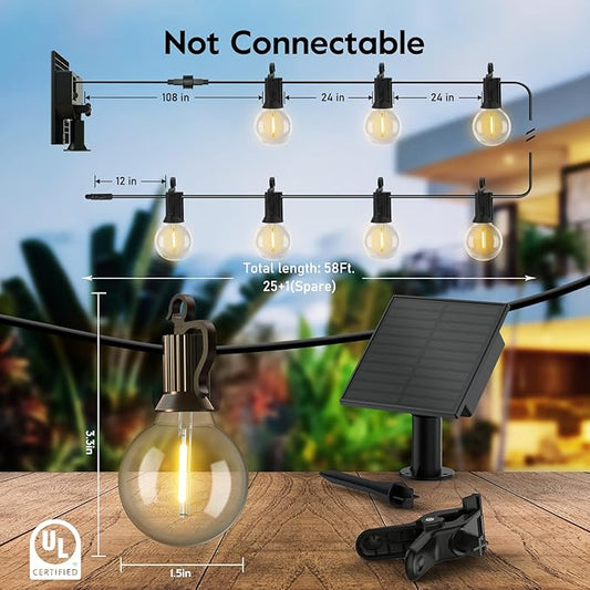 Minetom Outdoor Solar String Lights - 58 Ft Patio Lights with 25 G40 Plastic LED Bulbs, Commercial Waterproof Hanging Globe Light for Backyard Party Bistro Decor