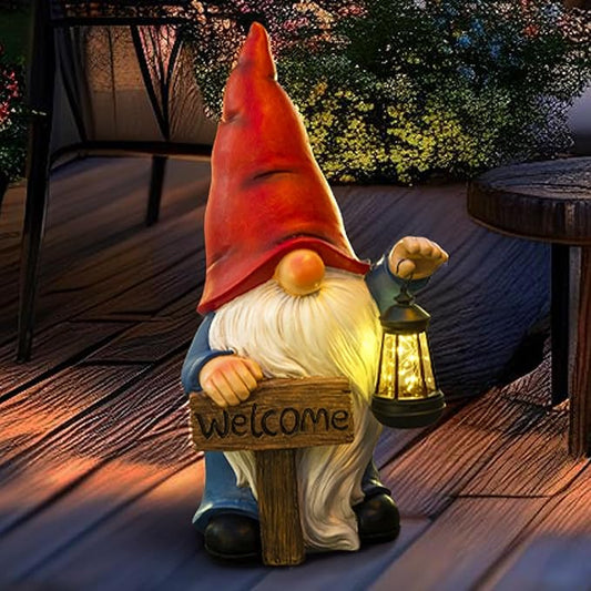 22" Solar Large Gnome Garden Statue Big Gnome with Welcome Sign Outdoor Decor with LED Lantern Home Porch Yard Patio Lawn Ornament Christmas Housewarming Gardening Gift