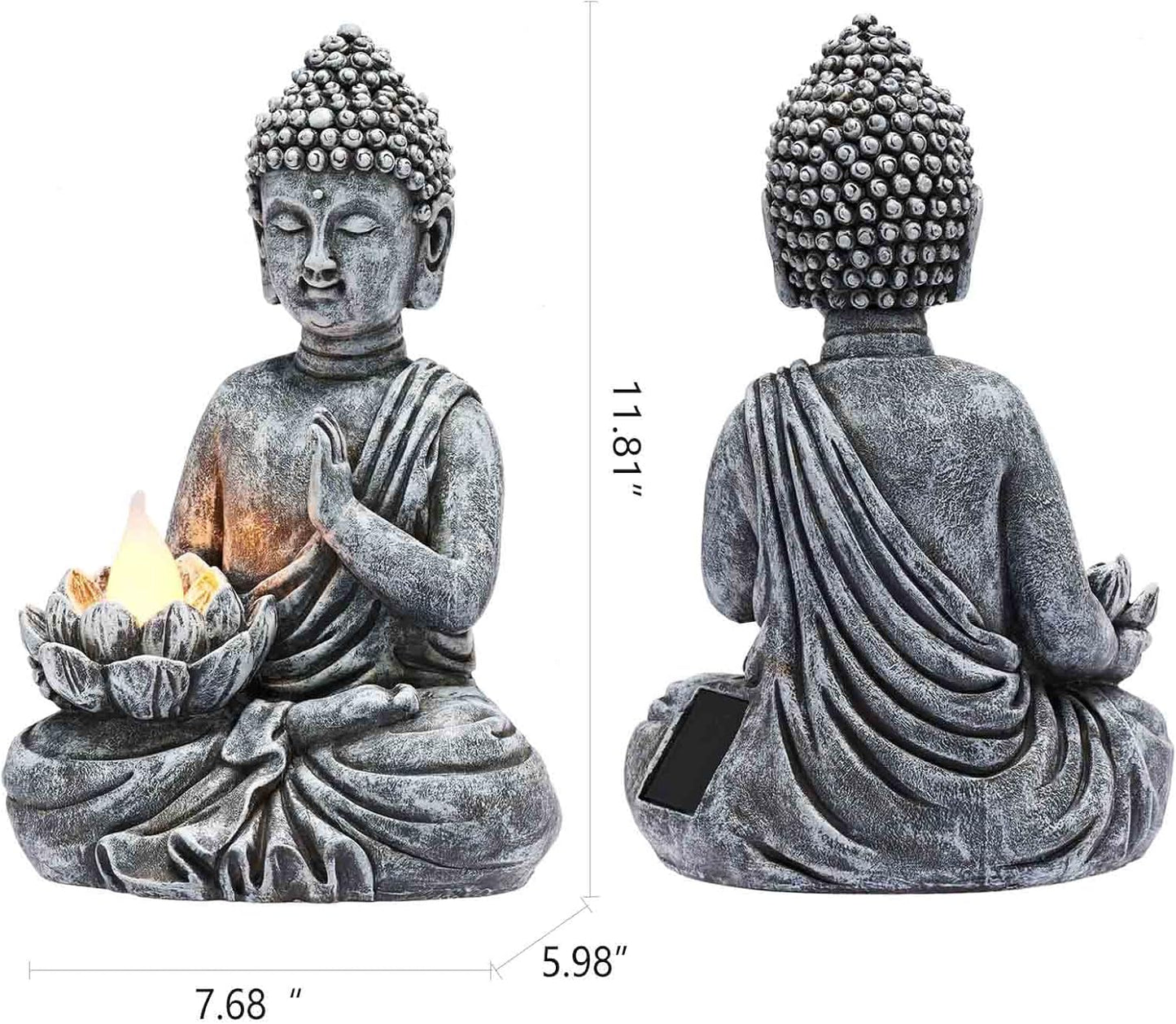 Solar Buddha Statue - Outdoor Zen Sculpture With Flickering LED Lotus Light - Waterproof Garden Decor Gift - 11.81 Inch