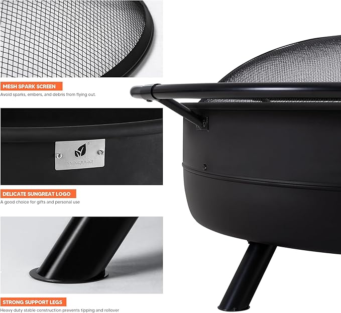 SUNCREAT 42" Outdoor Portable Fire Pit with Spark Screen, Fire Poker, Wood Burning Patio Fire Pits with Protective Ring, Black