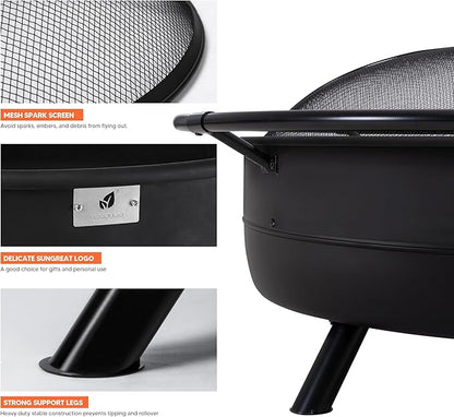 SUNCREAT 42" Outdoor Portable Fire Pit with Spark Screen, Fire Poker, Wood Burning Patio Fire Pits with Protective Ring, Black