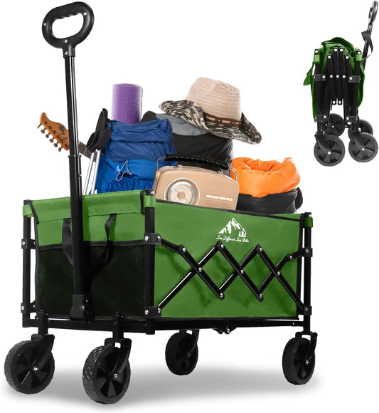 Collapsible Wagon 352LBS Capacity, Foldable Large Carts, Heavy Duty Outdoor Folding Cart with All-Terrain Wheels, Utility Garden Beach Wagon with Storage Bag Green