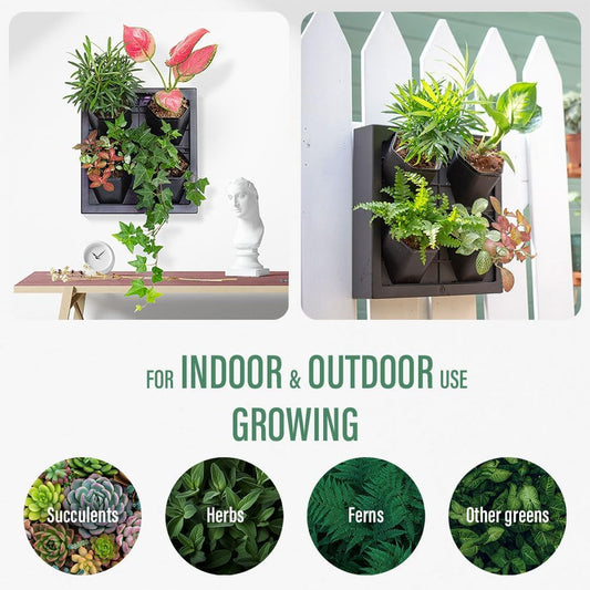Self Watering Wall Planter with 4 Pots - Easy to Create Indoor Living Wall for Home, Office and Shop Front - Includes Water Gauge (Black)