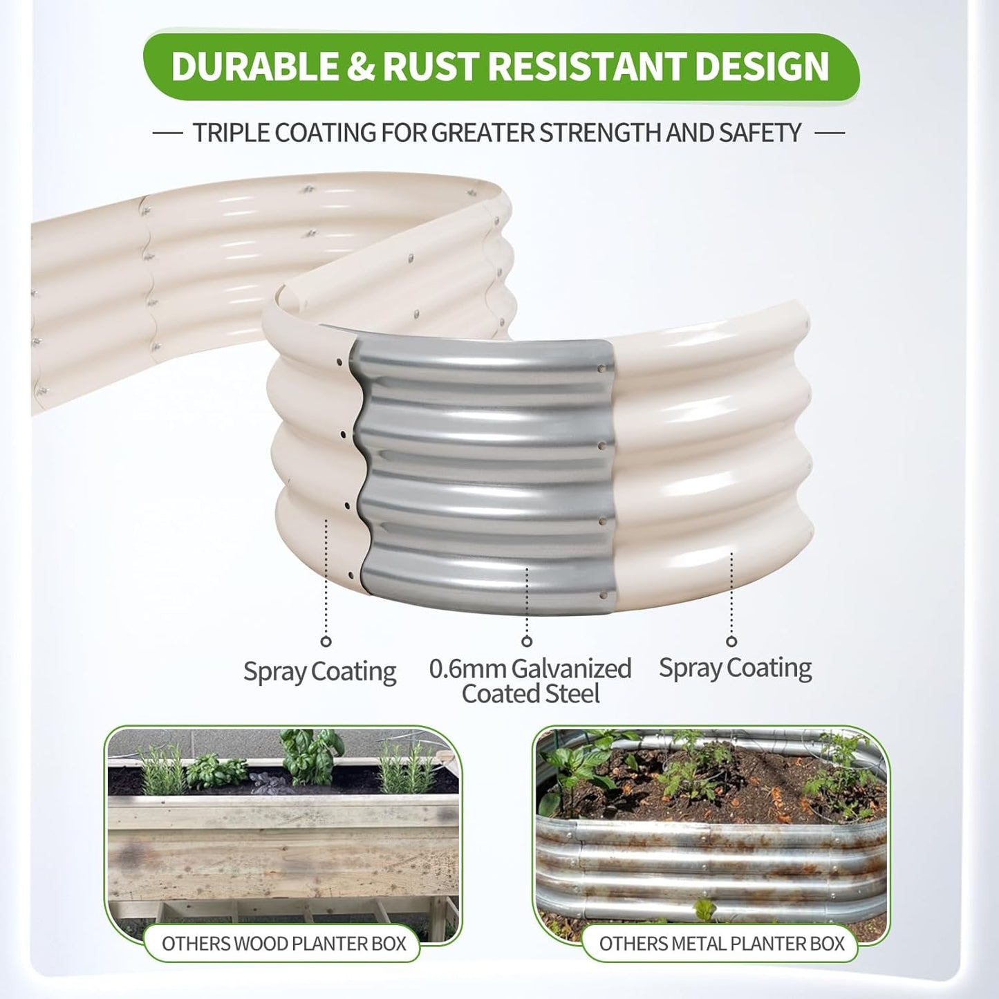 Galvanized Raised Garden Bed - 4x2x1FT Metal Planter Boxes Outdoor | Oval Steel Raised Bed Kit for Gardening with Protective Tape, Gloves for Vegetables, Flower, Herb (White)