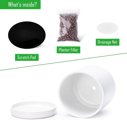 D'vine Dev 6.5 Inch & 8.2 Inch Ceramic Planter Pots for Plants with Drainage Hole and Saucer, Medium Plant Pots Set, White, 94-G-M-1