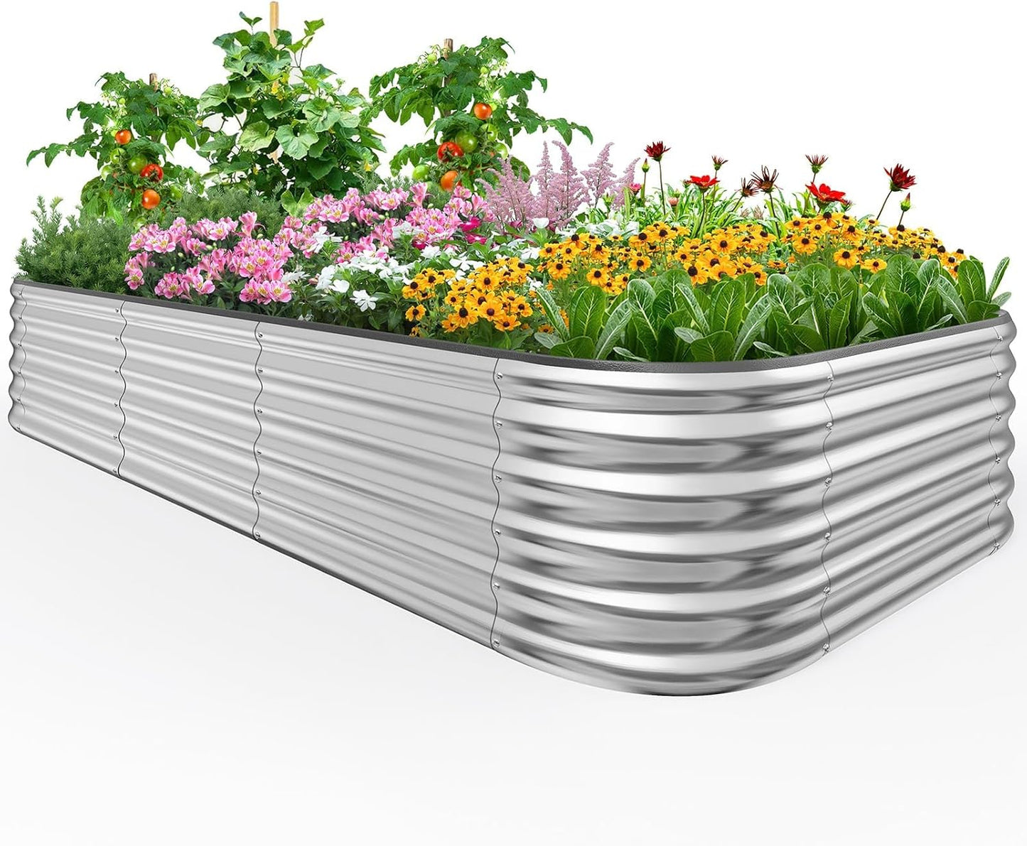 Quictent Raised Garden Bed Kit Oval Galvanized Metal Planter Box Tall for Vegetables Outdoor Backyard, Rubber Strip Edging Included, Silver 8x4x1.5 ft