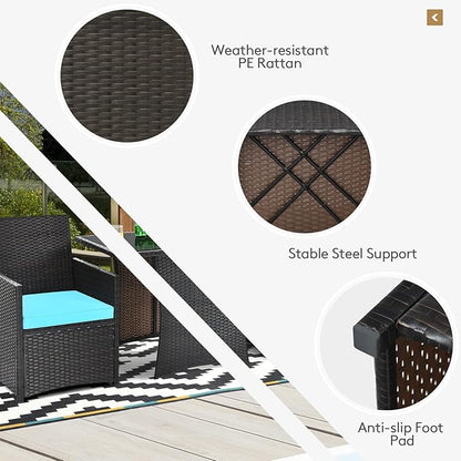 Tangkula 3 Pieces Patio Dining Set, Space-Saving PE Rattan Bistro Set with Tempered Glass Top Table and Cushioned Chairs, Outdoor Conversation Set for Garden Backyard Poolside Porch (Turquoise)