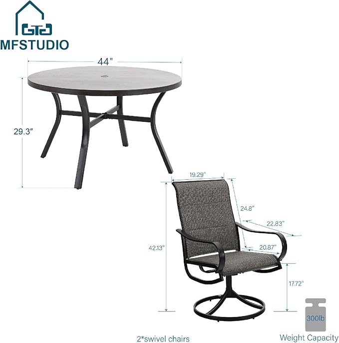 MFSTUDIO Round Patio Table and Chairs Set of 4, Outdoor Dining Set for Deck/Backyard/Poolside/Garden, 5 Piece Patio Furniture Set with Umbrella Hole