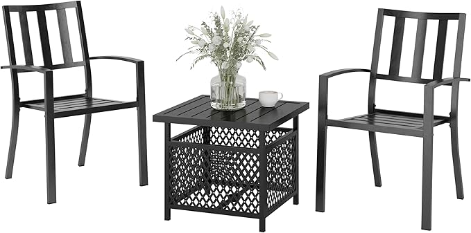 PHI VILLA 3 Piece Outdoor Bistro Set for 2, 22" Metal Steel Square Table with Umbrella Hole & Stacking Iron Chairs, Small Furniture Conversation Set for Porch, Deck, Balcony,Patio, Yard - Black