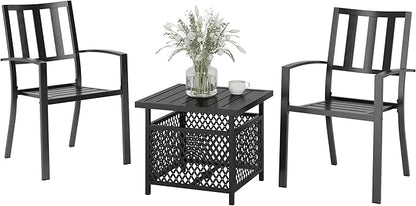 PHI VILLA 3 Piece Outdoor Bistro Set for 2, 22" Metal Steel Square Table with Umbrella Hole & Stacking Iron Chairs, Small Furniture Conversation Set for Porch, Deck, Balcony,Patio, Yard - Black