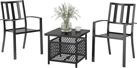 PHI VILLA 3 Piece Outdoor Bistro Set for 2, 22" Metal Steel Square Table with Umbrella Hole & Stacking Iron Chairs, Small Furniture Conversation Set for Porch, Deck, Balcony,Patio, Yard - Black