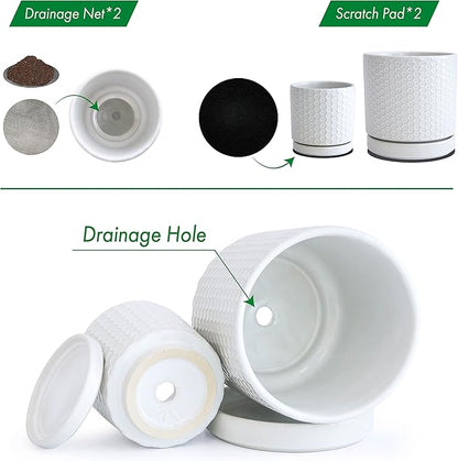 D'vine Dev Set of 2 Modern Matte White Honeycomb Embossed Ceramic Planter Pots with Saucer and Drainage Hole, 4 Inch & 6 Inch, 99-C-1-N