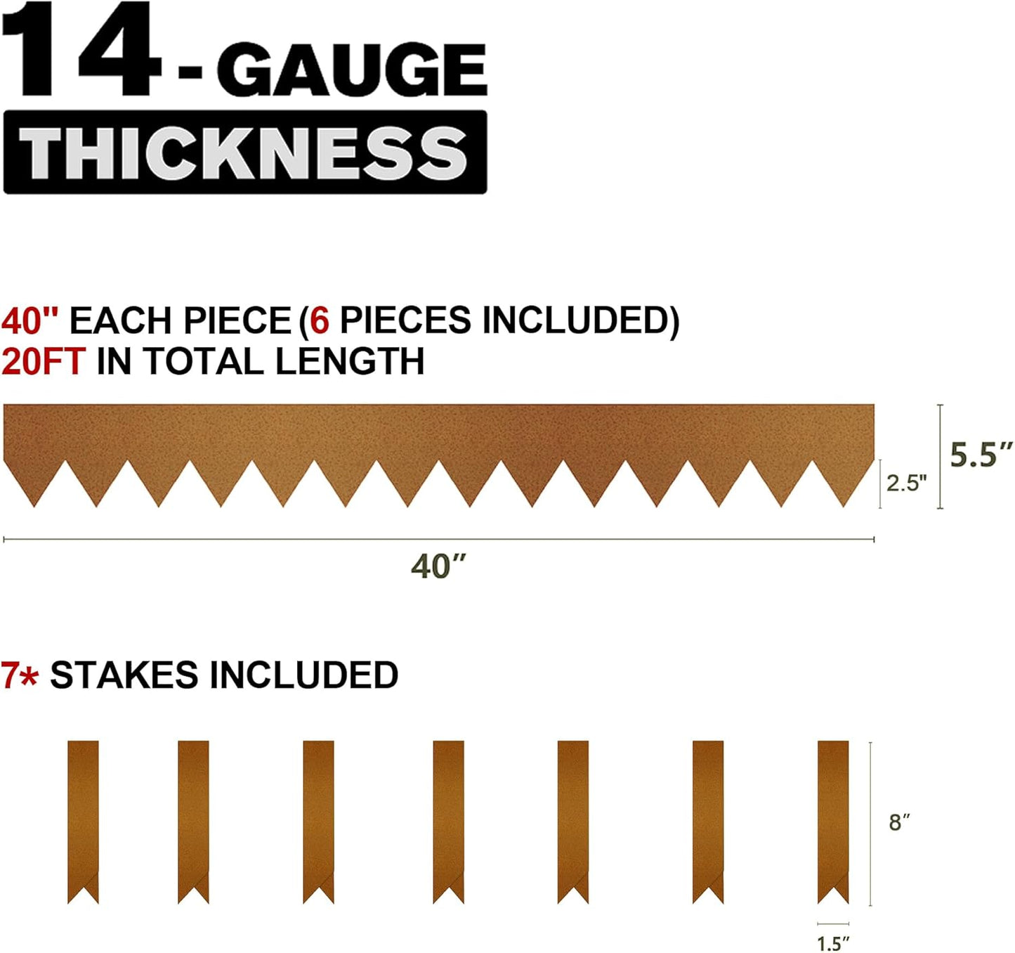 KOL Corten Steel Pre-Rusted Garden Lawn Edging - 6-Pack Metal Landscape Edging Strips - Heavy Duty Hammer-in Cor-Ten Steel Rust Border with 7 Clips - 14-Gauge - 40" L x 5.5" H (20FT Total Length)