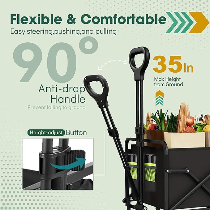 Collapsible Wagon with Wheels, 370lbs Weight Capacity Foldable Beach Wagon with Flexible Handle Portable Utility Wagon Cart for Outdoor, Grocery, Garden, Camping