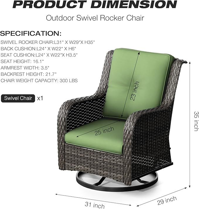 Joyside Outdoor Swivel Rocker Patio Chair - Outdoor Wicker Glider Rocking Chair with Olefin Fabric Cushions Suitable for Porch Deck and Backyard(Mixed Grey/Green)