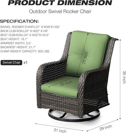 Joyside Outdoor Swivel Rocker Patio Chair - Outdoor Wicker Glider Rocking Chair with Olefin Fabric Cushions Suitable for Porch Deck and Backyard(Mixed Grey/Green)