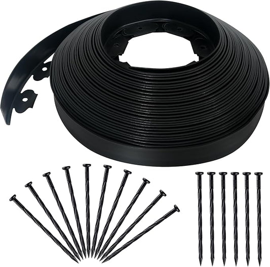 2 Inch x 100FT Landscape Edging Border with 90 Anchoring Spikes, No Dig Garden Border Edging Kit, Plastic Flexible Edging for Landscaping Garden Flower Beds Lawn Yard Paver Pathway, Black