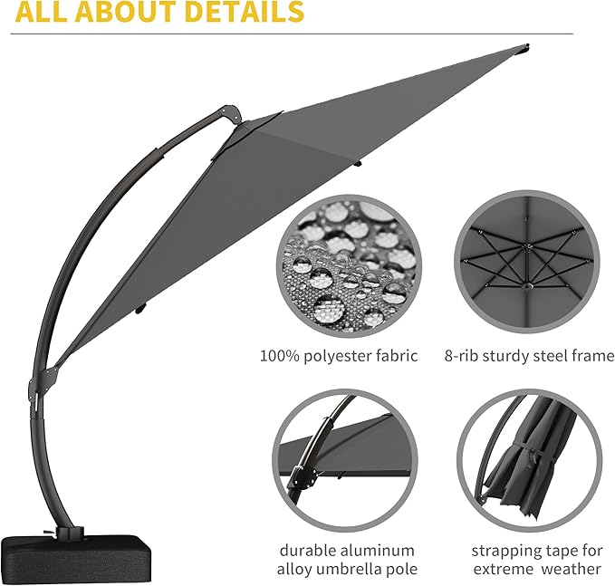 Kingdura 11ft Cantilever Patio Umbrella with Base Included, Large Round Offset Outdoor Pool Umbrella, 360° Rotation & Infinite Tilt, Heavy Duty Aluminum Frame for Deck Backyard, Grey