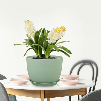 12 inch Big Plant Pots, Plastic Planters with Drainage Holes and Trays, Flower Pots for Indoor Outdoor Plants, Modern Decorative Pots for Garden House Plants, Green