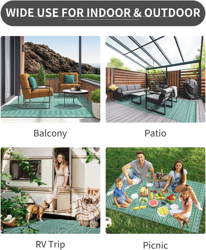 Outdoor Rug Carpet Waterproof 6x9 ft Patio Rug Mat Indoor Outdoor Area Rug for RV Camping Picnic Reversible Lightweight Plastic Straw Outside Rug for Patio Decor Decoration Boho Rug Turquoise White