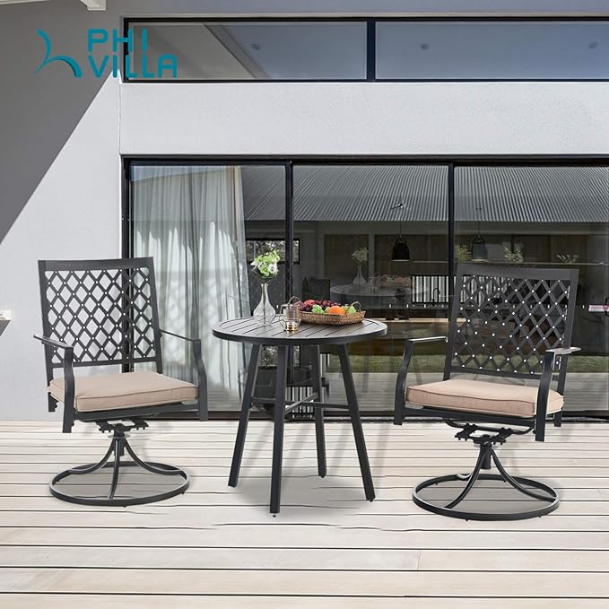 PHI VILLA 3 Piece Outdoor Bistro Dining Set for 2, Metal Steel Round Table & Swivel Wrought Iron Chairs, Small Furniture Conversation Set for Patio, Porch, Deck, Balcony