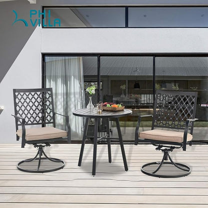 PHI VILLA 3 Piece Outdoor Bistro Dining Set for 2, Metal Steel Round Table & Swivel Wrought Iron Chairs, Small Furniture Conversation Set for Patio, Porch, Deck, Balcony