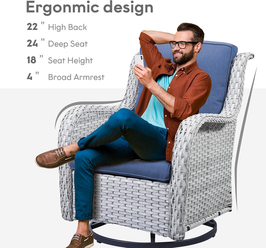 Outdoor Swivel Rcoker Patio Chairs - Outdoor Swivel Patio Chairs Set of 2 Wicker Chair Patio Furniture Sets with Covered Cushion for Porch Deck Balcony Garden, Blue Cushion