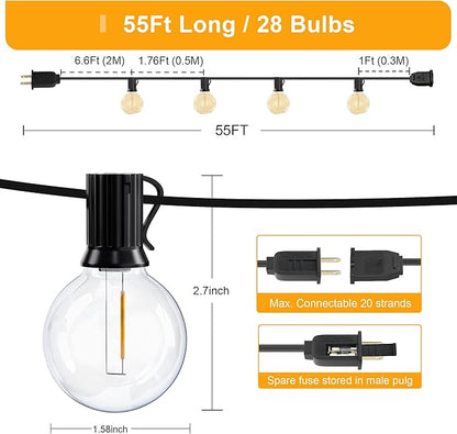 OHLUX Outdoor String Lights, 55FT Shatterproof LED Patio Lights with 26 Dimmable Plastic G40 Bulbs, 2200K Waterproof Connectable Hanging String for Backyard, Cafe, Porch, Deck, E12 Base