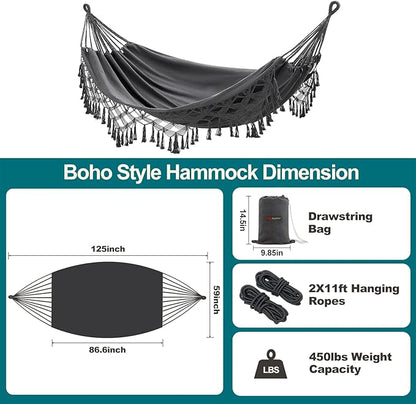 JoyView Boho Macrame Double Hammock with Hanging Ropes & Elegant Tassels 86.6x59 Portable Cotton Hammock for Patio Backyard Porch 450LBS Weight Capacity Perfect for Outdoor/Indoor - Dark Grey