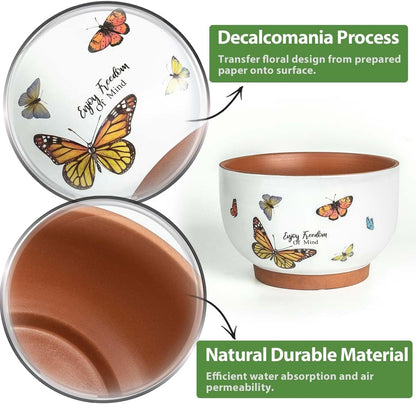 YBX 8 Inch + 6 Inch White&Terracotta Flower Pots, Succulent Ceramic Plant Pots with Drainage Holes, Terracotta Planters for Indoor Plants, with Butterfly Accents