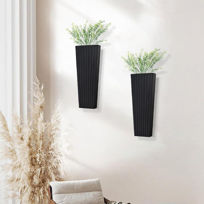 2Pack Black Wood Wall Planter for Indoor +2Pack Green Plants,Modern Wooden Hanging Planter for Dried Flowers and Plants,Abstract Vase Farmhouse Wood Wall Decor (Black)