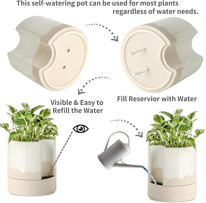Nihow Self Watering Plant Pot: 8 Inch Ceramic Planter with Drainage Hole & Water Storage Plus for Indoor & Outdoor Plants - Cylinder Round Flower Pot for Succulent/Herbs/Violets - White & Wave Nature