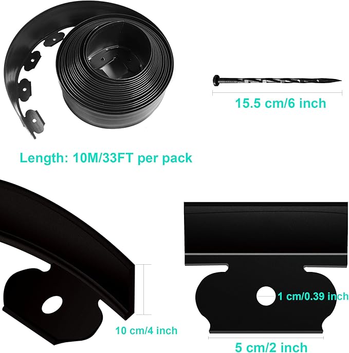 Landscape Edging Coil 33 FT, 4 Inch Tall Garden Edging Border Flexible Lawn Edging Kit with 30 Spikes, Plastic Edging for Landscaping Flower Beds Yard Pathway Paver Edging (4IN x 33FT, Black)