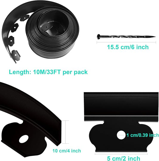 Landscape Edging Coil 33 FT, 4 Inch Tall Garden Edging Border Flexible Lawn Edging Kit with 30 Spikes, Plastic Edging for Landscaping Flower Beds Yard Pathway Paver Edging (4IN x 33FT, Black)