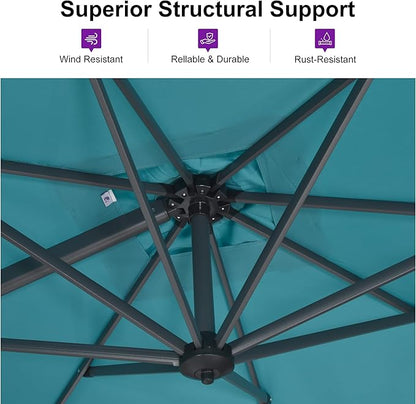 PURPLE LEAF 10 Feet Patio Umbrella Outdoor Cantilever Round Umbrella Aluminum Offset Umbrella with 360-degree Rotation for Garden Deck Pool Patio, Turquoise Blue