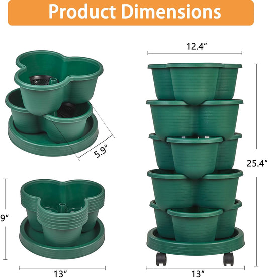 VECELO 5 Tier Vertical Garden Planter, Self Watering Stackable Planters with Wheels for Strawberries, Herbs, Flowers, Vegetables, Dark Green