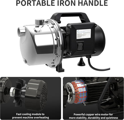 LANCHEZ 1 HP Portable Shallow Well Garden Pump, 1294 GPH Stainless Steel Sprinkler Pump, 115V Water Transfer Draining Irrigation for Lawn
