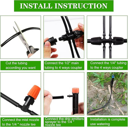 226FT Greenhouse Micro Drip Irrigation Kit Automatic Irrigation System Patio Misting Plant Watering System with 1/4 inch 1/2 inch Blank Distribution Tubing Hose Adjustable Nozzle Emitters Sprinkler
