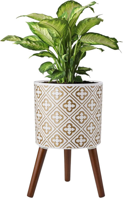 naclto 10 Inch Planter with Stand, Plant Pot for Indoor Plants, Large Modern Flower Pots Indoor Outdoor with Drainage for Home Garden Patio, White ＆ Gold