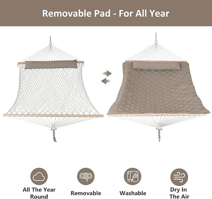 ANOW 2 Person Hammock with Spreader Bars, Rope Hammock with Pad for Outside, 450 LBS Weight Capacity, Light Brown