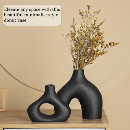 CEMABT Black Ceramic Vase Set of 2 for Modern Minimalist Bohemian Decor，Round Matte Donut Vases for Pampas Grass-Perfect for Living Room, Dining Table, Office Bedroom Shelf Decor Entryway, Console