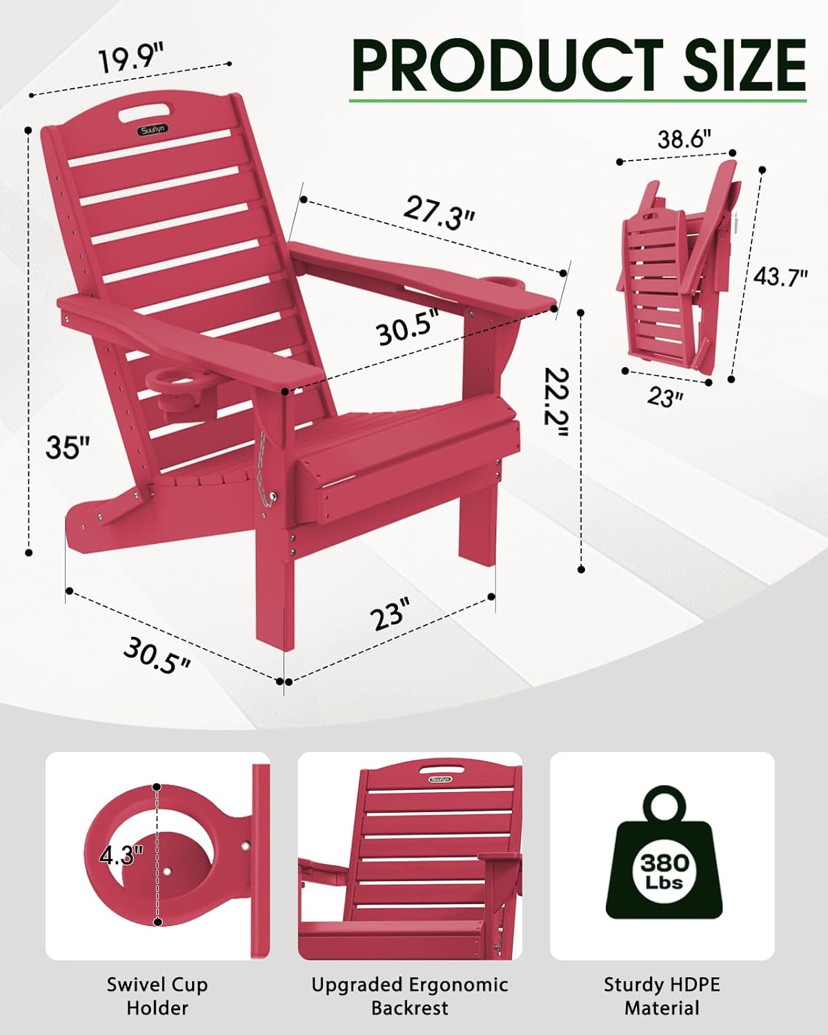Adirondack Chairs Set of 4, Outdoor Fire Pit Chairs, HDPE All-Weather Adirondack Chairs with Cup Holder, Lawn Chair for Deck, Patio, Garden (Green)