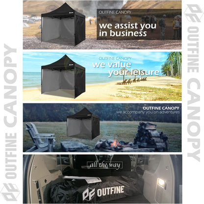 OUTFINE Heavy Duty Canopy 10x10 Pop Up Commercial Canopy Tent with 3 Side Walls Instant Shade, Bonus Upgrade Roller Bag, 4 Weight Bags, Stakes and Ropes (Black, 10 * 10FT)