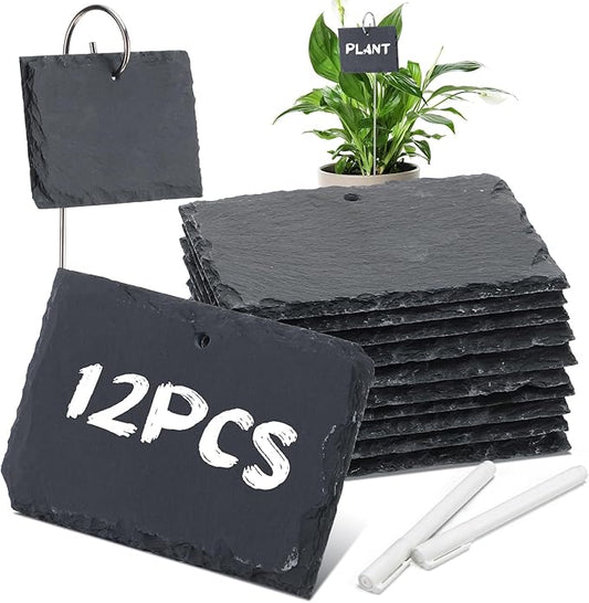 12 Sets Plant Labels Slate Plant Tags Garden Sign Marker Weatherproof Reusable Natural Slate Garden Sign Hanging Tag with Metal Stake and Pen for Outdoor Flower Vegetable(Rectangle)