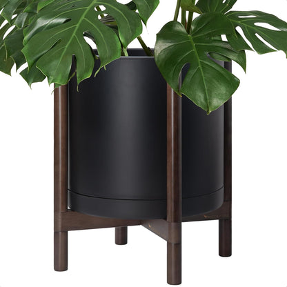 D'vine Dev Planter Pot with Stand - 16 Inch Plastic Cylinder Flower Pot with Wood Planter Holder for Indoor, Matte Black Pot + Walnut Color Stand, 55-C-X-2